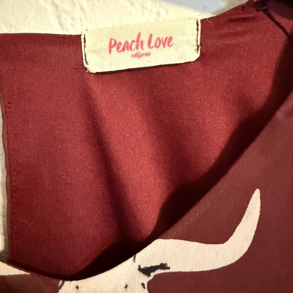 Peach Love Burgundy Longhorn Skull Print Sheer Blouse Keyhole Back UT Spirit TX - Picture 2 of 8